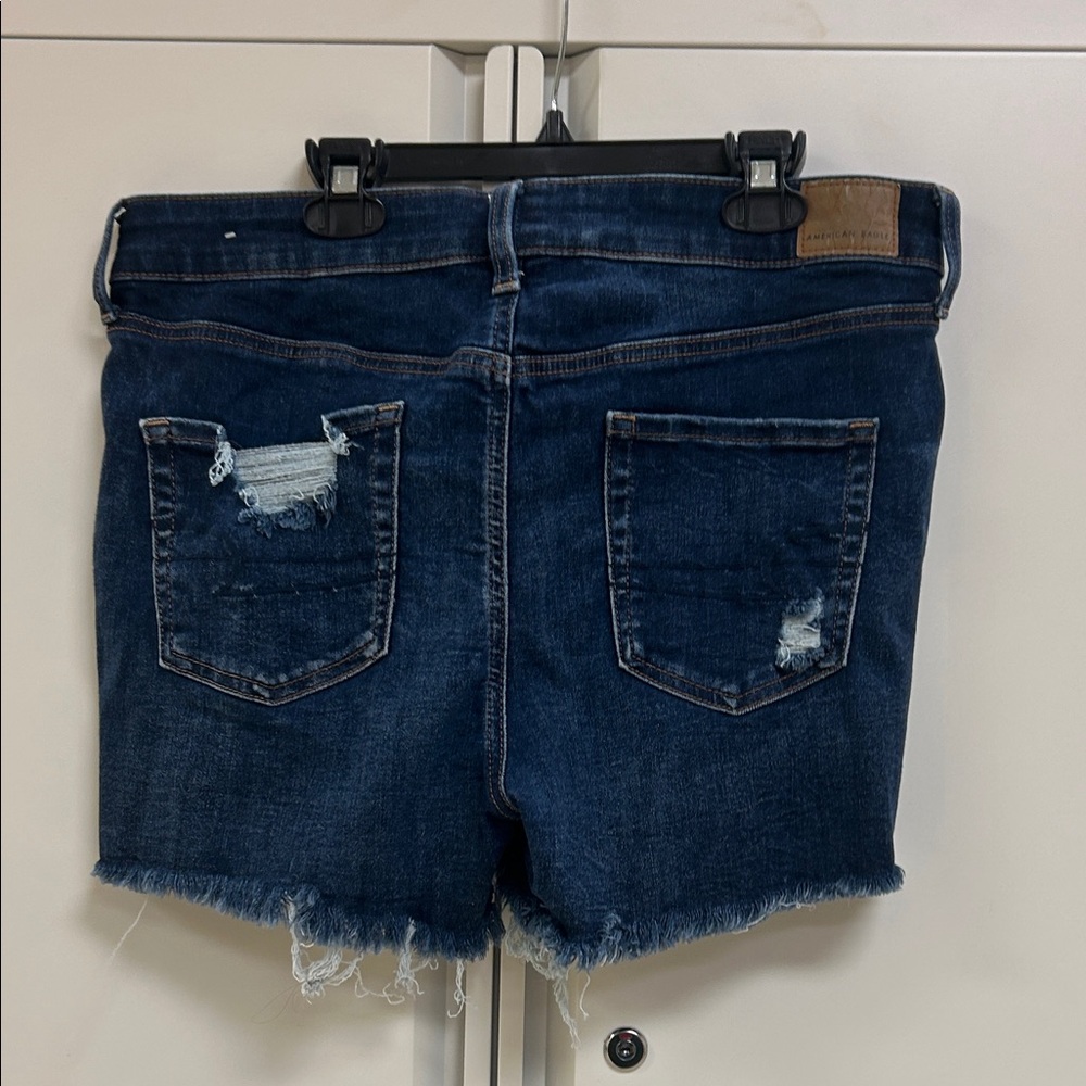 American Eagle Outfitters Dark Blue Distressed Denim Jean Shorts - Picture 3 of 5